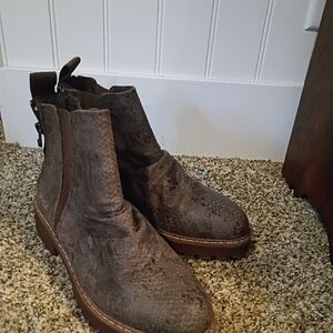 Women's Brown Textured Chelsea Booties - Snake-Embossed Ankle Boots